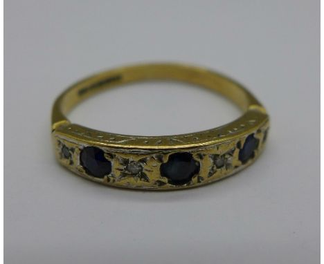 A 9ct gold, sapphire and diamond ring, 1.6g, L