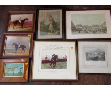A collection of prints, books, ceramics, etc relating to horse racing, rugby, other sporting subjects, military subjects, etc