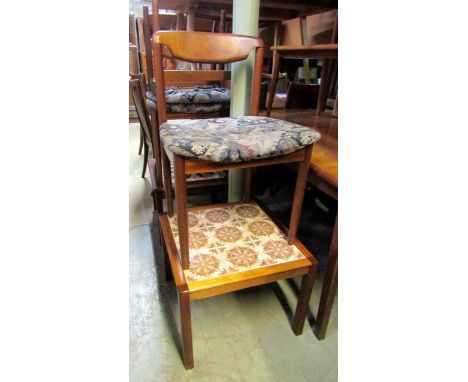 Set of four Moller style dining chairs with stuff over seat; together with two tile top tables (6)