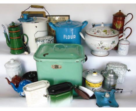 A large collection of antique French and other enamel to include tea pots, tea canisters, kitchenalia, etc