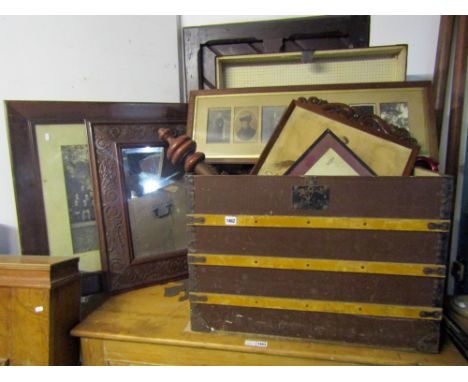 A vintage timber lathe bound flat top travelling trunk and miscellaneous contents to include a 19th century pole screen frame