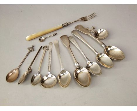 A mixed collection of silver teaspoons, souvenir spoons and novelty spoons, 4oz approx; together with a further pearl handled