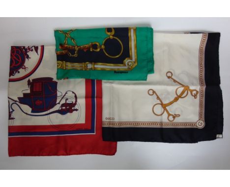2 square silk scarves by Gucci and Hermes  with hand stitched hemming,  approx 85 x 85 cm together with a smaller scarf by Ja