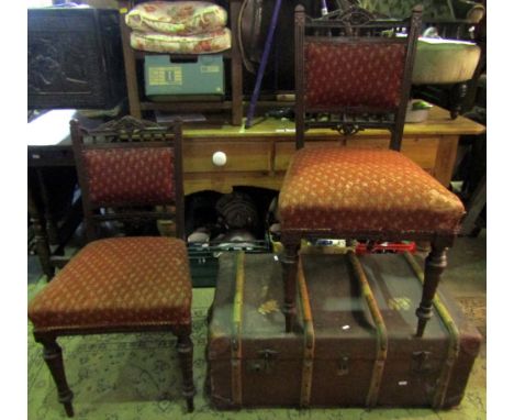 A vintage brown fibre and timber lathe bound travelling trunk with brass fittings together with a pair of late Victorian waln
