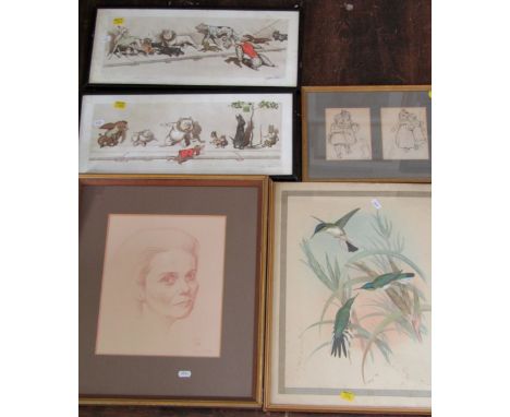 A pair of 19th century gouache botanical studies of oval form, 19 cm max in oval gilt frames, together with a set of three 19