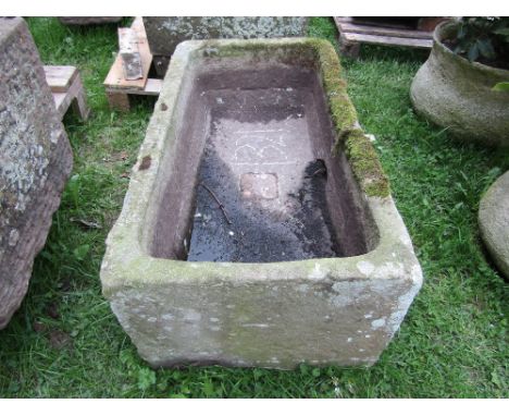 A natural stone garden trough of rectangular form with thick/deep base, 86cm long x 46cm wide x 34cm high approx