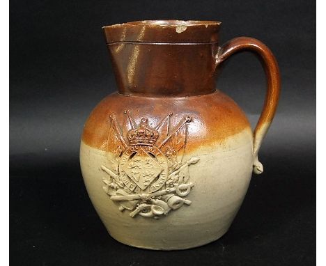 An interesting 19th century saltglazed stoneware jug with relief moulded decoration of a sheath of corn, various agricultural