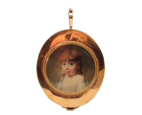 A fine quality late 18th century portrait miniature of circular form, showing a bust length study of a young child in white g