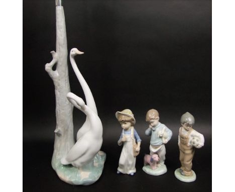 A large Nao lamp base in the form of a pair of swans beside a tree trunk, with printed mark to base, 49 cm tall approx (exclu