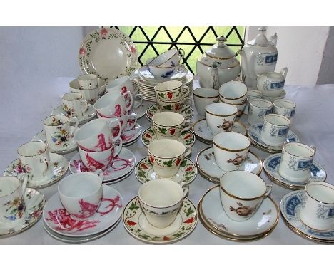 A collection of decorative coffee wares including early 20th century Wedgwood Etruria cream ware type examples with painted f