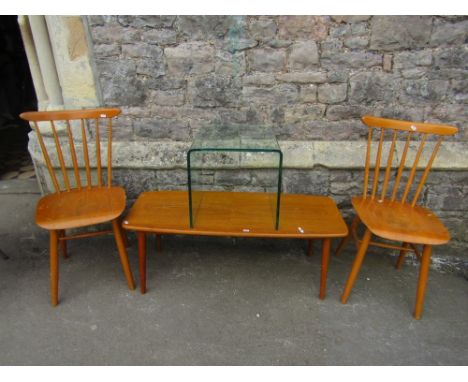 A mixed lot of mid 20th century furniture to include pair of Ercol style stick back dining chairs, an Italian glass occasiona