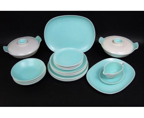 A collection of Poole pottery dinner wares with pale turquoise and grey glaze including a pair of tureens and covers, two ova