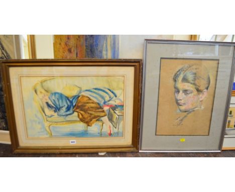 A 1930s pencil and watercolour study of a reclining female figure on a sofa, signed bottom left Rosa Hope and dated 1931, tog