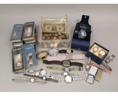 Collection of boxed Timex watches, with further other watches and a collection of International coinage and bank notes