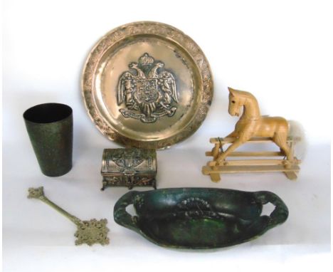 A mixed collection of continental metal ware to WMF style relief moulded pewter dish, a white metal charger embossed with a t