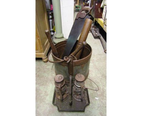 A steel pail with loop handle, together with a 19th century cast iron, lyre shaped boot scraper, storm lanterns, kitchen scal