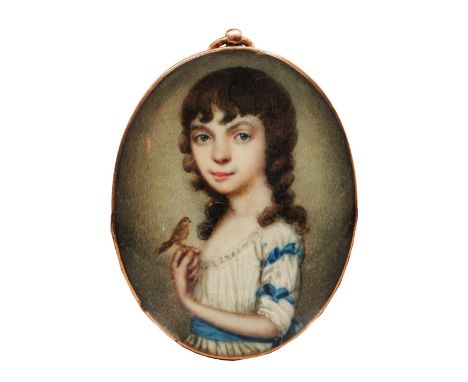 A late 18th century portrait miniature of oval form showing a half length study of a young girl in white dress trimmed with b