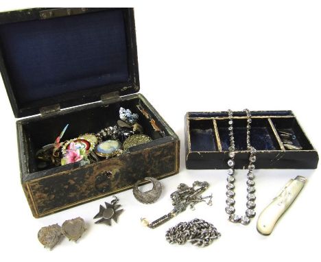 A box of costume jewellery to include a good Victorian silver collet-set paste necklace, further silver items including a Miz