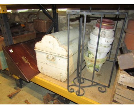 A small unusual floor standing five drawer corner chest with brass handles, a Victorian tin trunk with domed top and later pa
