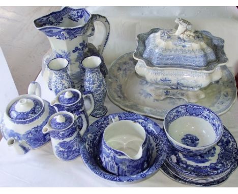 A collection of blue and white printed wares including a 19th century Asiatic Plants pattern tureen and cover with floral kno