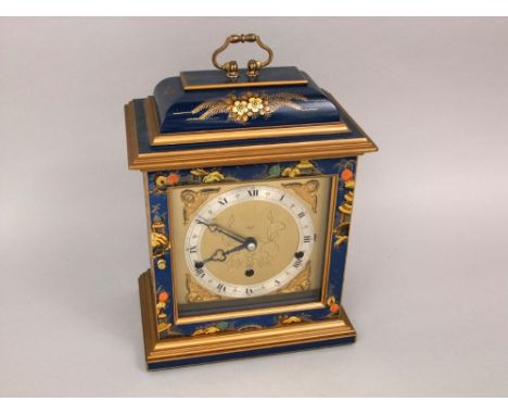 Good Elliott of London blue chinoiserie three train mantle clock, the case decorated in relief with pagoda and further far Ea