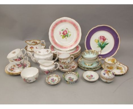 A collection of Dresden porcelain hand painted with floral sprays to include trinket dishes, cups, saucers etc; together with