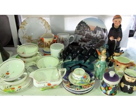 A collection of ceramics including a Goebel preserve pot and cover a Goebel monk decanter and stopper, a collection of three 