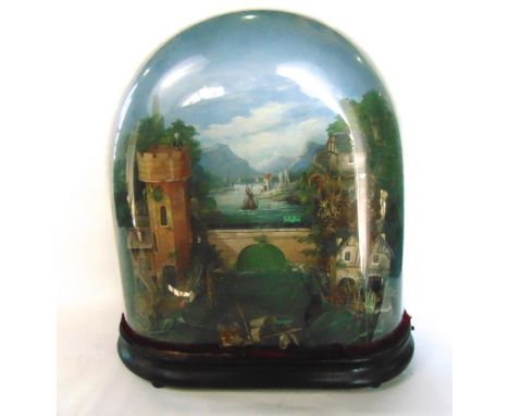 19th century automaton of a ship on waters with various building and a castle, over an oval glass dome upon an ebonised plint