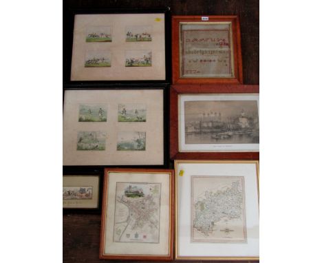 A collection of 19th century pictures and prints including a needlework alphabet sampler, 24 x 22cm in burrwood frame, a pair