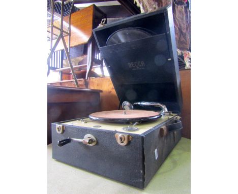 A Decca 50 table top gramophone with original fittings, a 1930s hand worked parasol, in the Japanese style and a traditional 