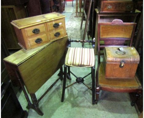 An Edwardian walnut drop leaf Celandon type tea table with turned supports, an inlaid Edwardian mahogany low occasional chair