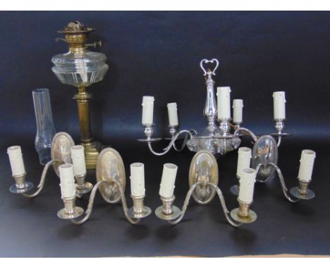 Mixed lighting lot to include a silver plated Adams style five branch ceiling light together with a further set of four Adams