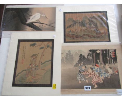 A Japanese wood block print of a white egret on a willow tree - by Ito Sozan, 16 x 37cm, together with further Japanese colou