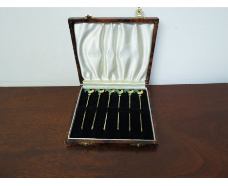 A set of six sterling silver cocktail sticks with enamel cockerel finials in original case 