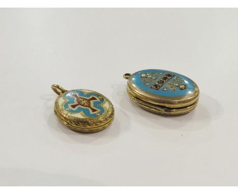 A Victorian gold and enamel locket and a Victorian enamel and seed pearl locket 