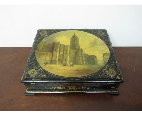 Possibly Jennings and Betteridge an ornate Victorian lacquered writing box with central image of Christ Church College gate t