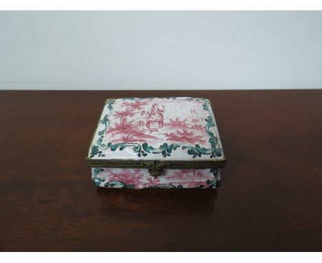 A 19th Century French enamel lidded box with hand painted puce scenes, acanthus border, ormolu mounts 3cm x 9cm x 7cm 