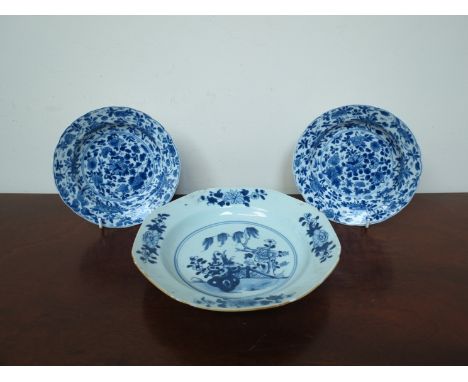 Two Kangxi Chinese blue and white dishes with all over floral detail, six character mark to base and another 19th Century ori