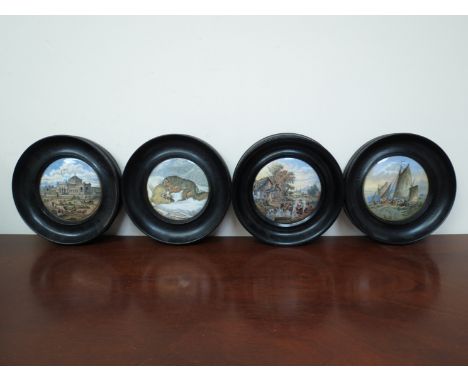 Four 19th Century Prattware pot lids including Philadelphia Exhibition (hairline crack), Fording The Stream, Hauling In The T