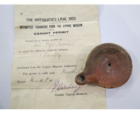 A circa 1st Century Roman oil lamp together with 1930's Cyprus Museum provenance 