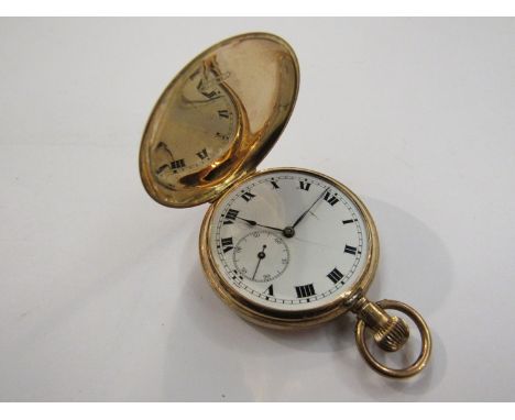 A 14ct gold full hunter fob watch, engine turned case, the face branded 'Electra'