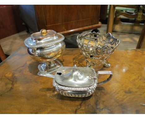 A Silver salt with fluted body, a silver pierced vessel and a silver plate on copper pedestal container (3)