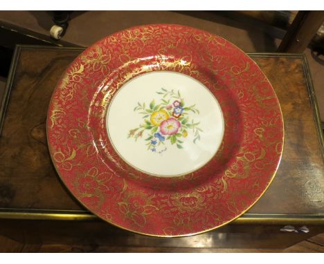 Two Royal Worcester cabinet plates, pink gilt and red gilt borders, with central floral spray, 26.5cm diameter       