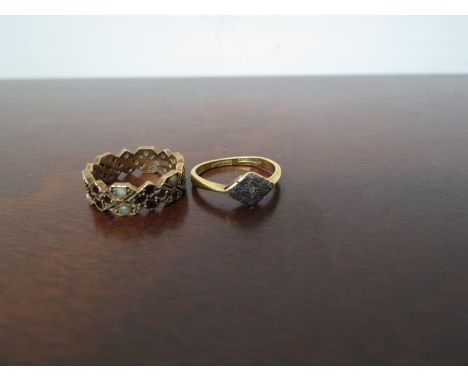 A seed pearl and ruby eternity ring, stones missing, together with a diamond chip ring, a/f