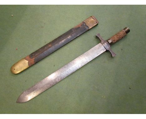 A 19th Century European sidearm with early Damascus steel blade possibly of Persian origin, cross hilted and with leather and