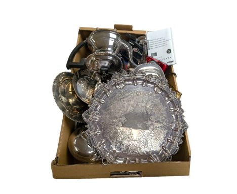 Silver plated items, including trays, teapots, etc, together with a Nikon Coolpix A300 camera and a Ronson table lighter