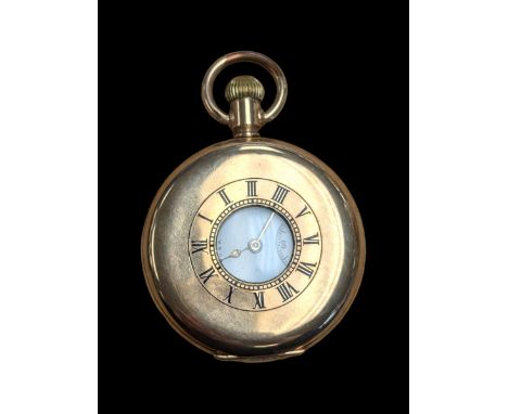 Early 20th century gold-plated half hunter keyless lever pocket watch by American Watch Company, Waltham, No. 18665454, white