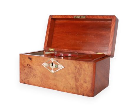 19th century burr walnut tea caddy, with mother of pearl inlaid lozange to hinged cover, opening to reveal two lidded compart