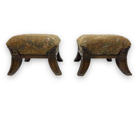 Pair of early 20th century miniature footstools, square seat covered in gold and orange floral patterned tapestry fabric, on 
