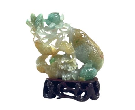 Chinese jade carving of a koi fish, with wooden stand, and fitted box, jade W12cm